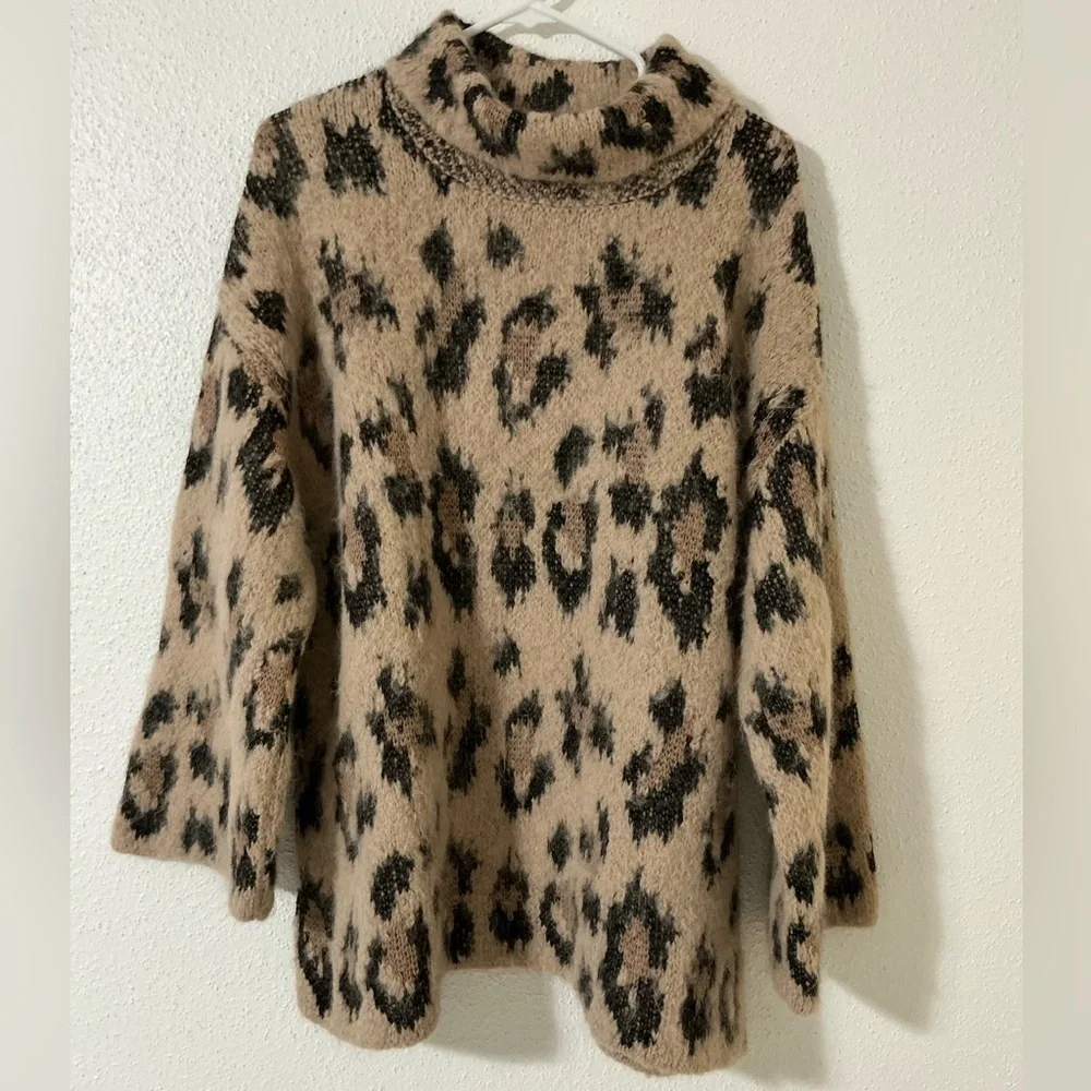 Kate Spade Leopard Print Chunky Sweater Alpaca Wool Oversized Mock Neck | XL